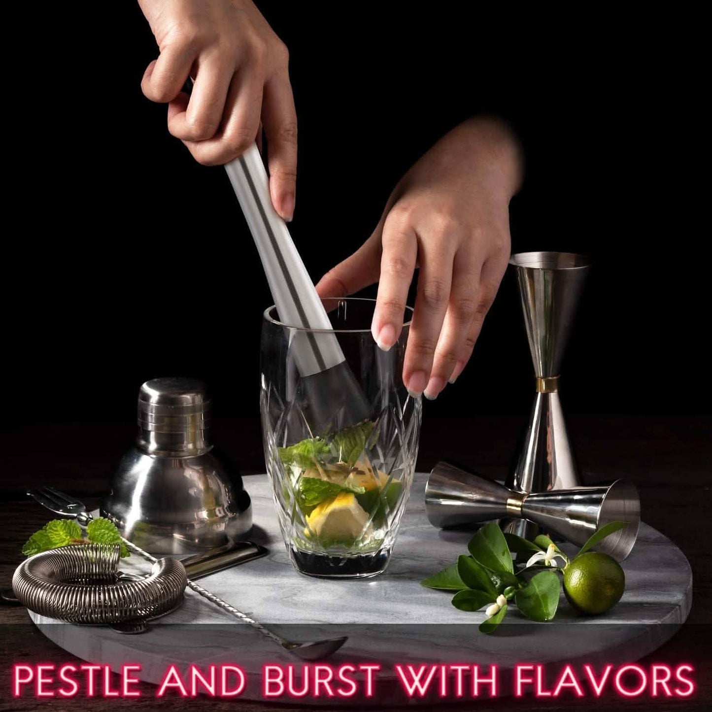 2-Piece Set: Steel Cocktail Muddler and Mixing Spoon Home Bar Tool Set