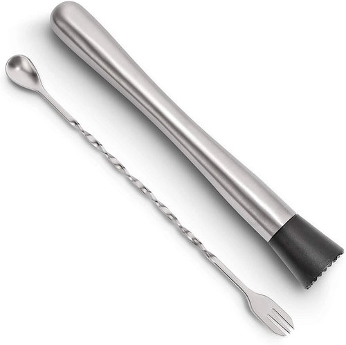 2-Piece Set:  Steel Cocktail Muddler and Mixing Spoon Home Bar Tool Set