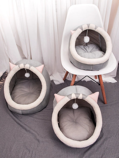 Four Seasons Semi-Enclosed Cat Nest Bed — Soft & Cozy Pet Sleeping Cave
